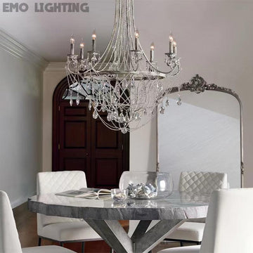 Affordable French Vintage Iron Crystal Pendant Candle Chandelier for Living Room / Restaurant / Cafe / Hotel lobby