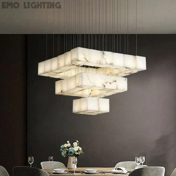 Modern Luxury Alabaster Cubic Round Pendant For Dining Table, Staircase