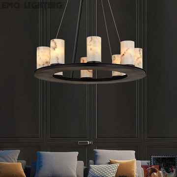 Bedia Round Industrial Candelabra Alabaster Chandelier for Dining Table