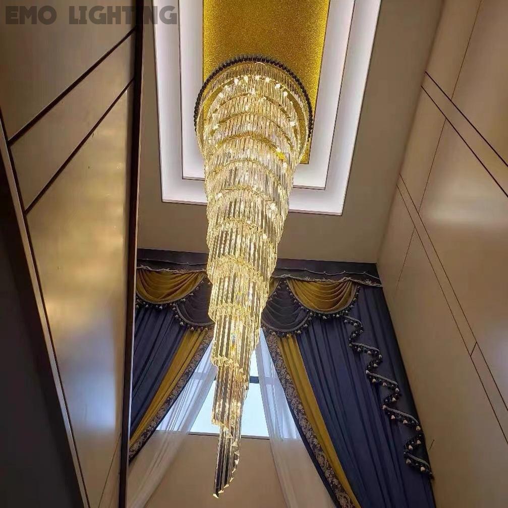 Oversized Customization Vertical Long Crystal 2 Story Foyer Hallway Chandelier Spiral Staircase High Ceiling Lighting Fixture In Black/ Gold Finish