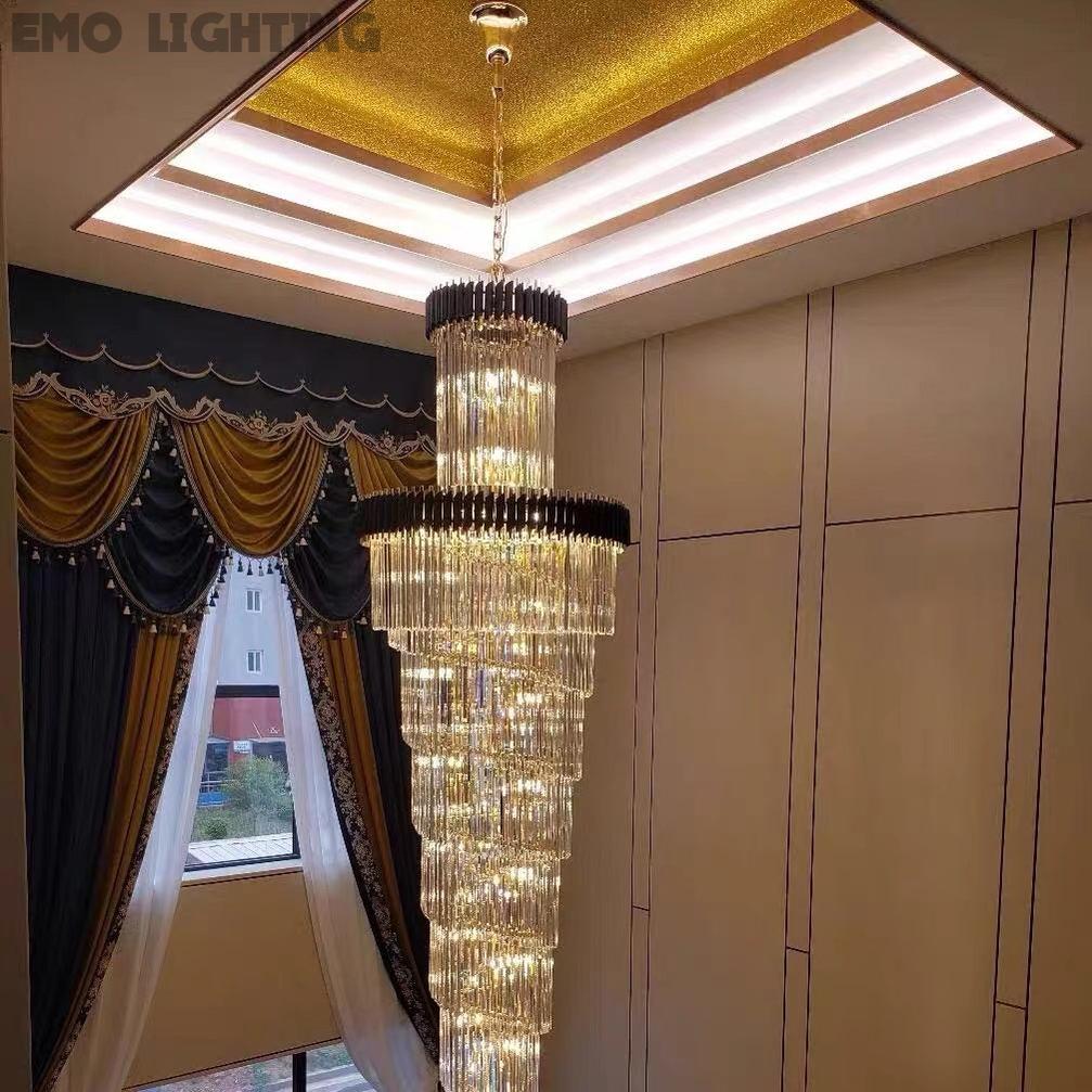Customer photo Oversized Customization Vertical Long Crystal 2 Story Foyer Hallway Chandelier Spiral Staircase High Ceiling Lighting Fixture In Black/ Gold Finish