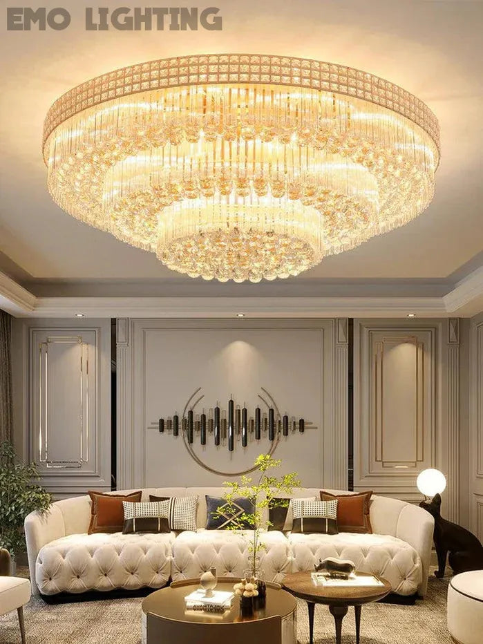Extra Large Three Layers Round Luxury Flush Mounted Crystal Chandelier for Living Room