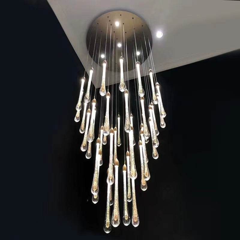 chandelier,chandeliers,pendant,glass,light luxury,luxury,gold,long,high,staircase,spiral staircase,stair,raindrop rod,rods,kitchen island,dining table,dining bar,long table,big table,bar