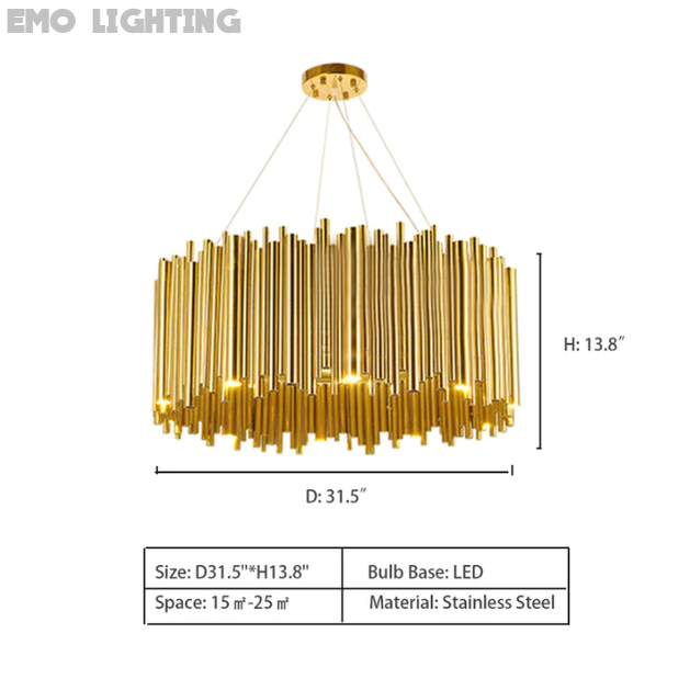 Brubeck Round Chandelier,chandelier,chandeliers,pendant,gold,stainless steel,luxury,tubes,drum,round,living room,dining table,dining room,round table