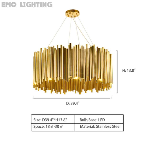 D39.4"*H13.8" Brubeck Round Chandelier,chandelier,chandeliers,pendant,gold,stainless steel,luxury,tubes,drum,round,living room,dining table,dining room,round table