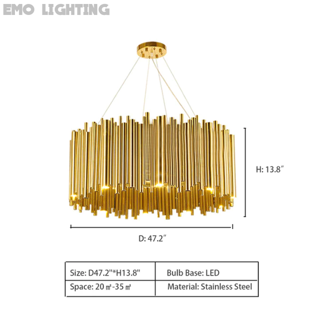D47.2"*H13.8" Brubeck Round Chandelier,chandelier,chandeliers,pendant,gold,stainless steel,luxury,tubes,drum,round,living room,dining table,dining room,round table