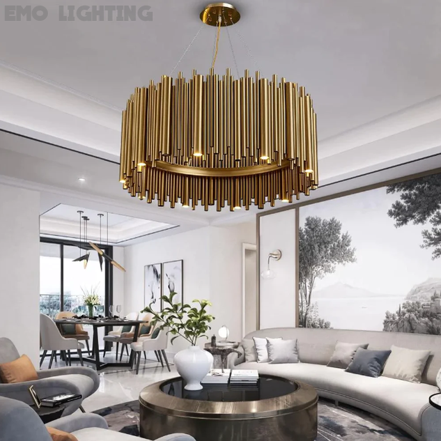 Brubeck Round Chandelier,chandelier,chandeliers,pendant,gold,stainless steel,luxury,tubes,drum,round,living room,dining table,dining room,round table