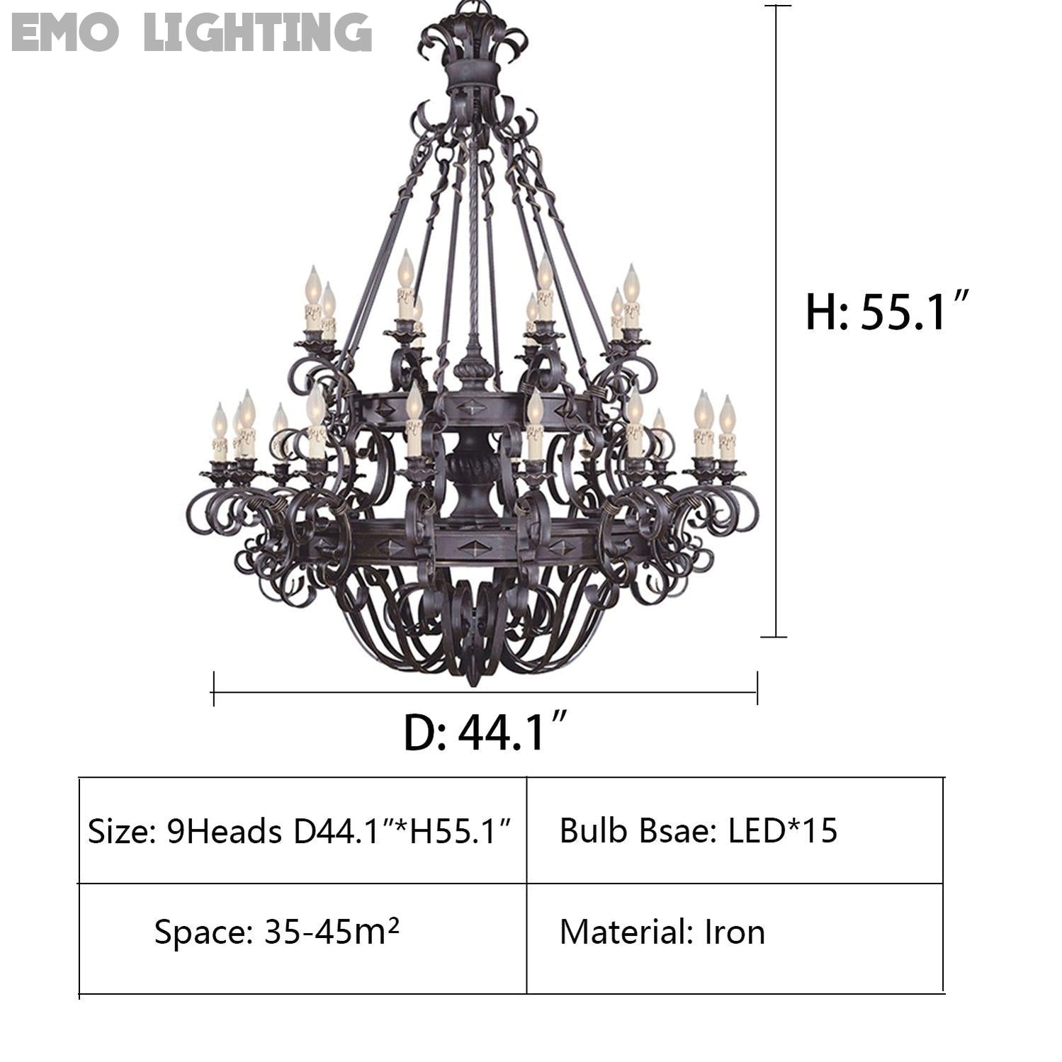 D44.1"*H55.1" chandelier,chandliers,iron,black iron,art,extra large.oversize,huge,big,loft,foyer,villa,duplex hall,candle,living room,cafe