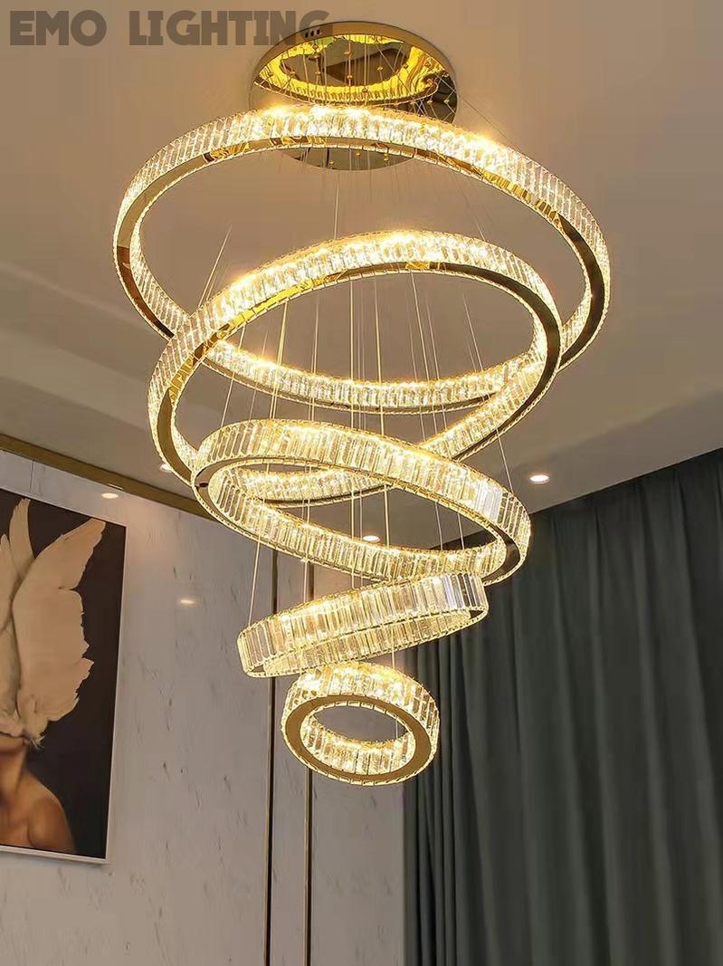 Super Big Modern Front Entryway Luxury Chandelier 5 Rings Crystal Gold/ Chrome Finish Ceiling Lamp For Hotel Hallway Entrance Living room