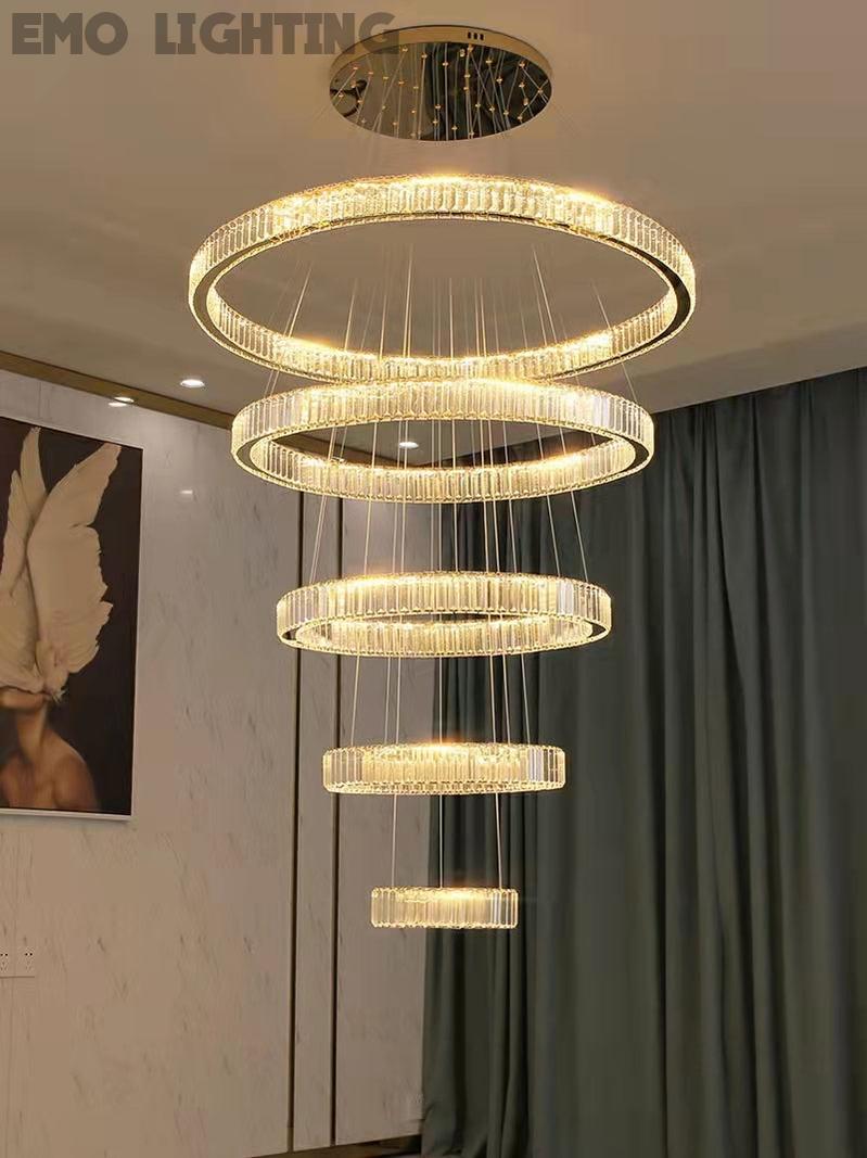 Huge Modern Front Entryway Luxury Chandelier 5 Rings Crystal Gold/ Chrome Finish Ceiling Lamp For Hotel Hallway Entrance High Ceiling