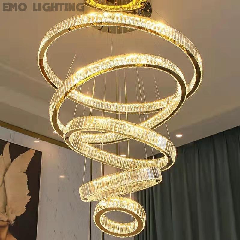 Extra Large Modern Front Entryway Luxurious Chandelier 5 Rings Crystal Gold/ Chrome Finish Ceiling Lamp For Hotel Hallway Entrance Living room