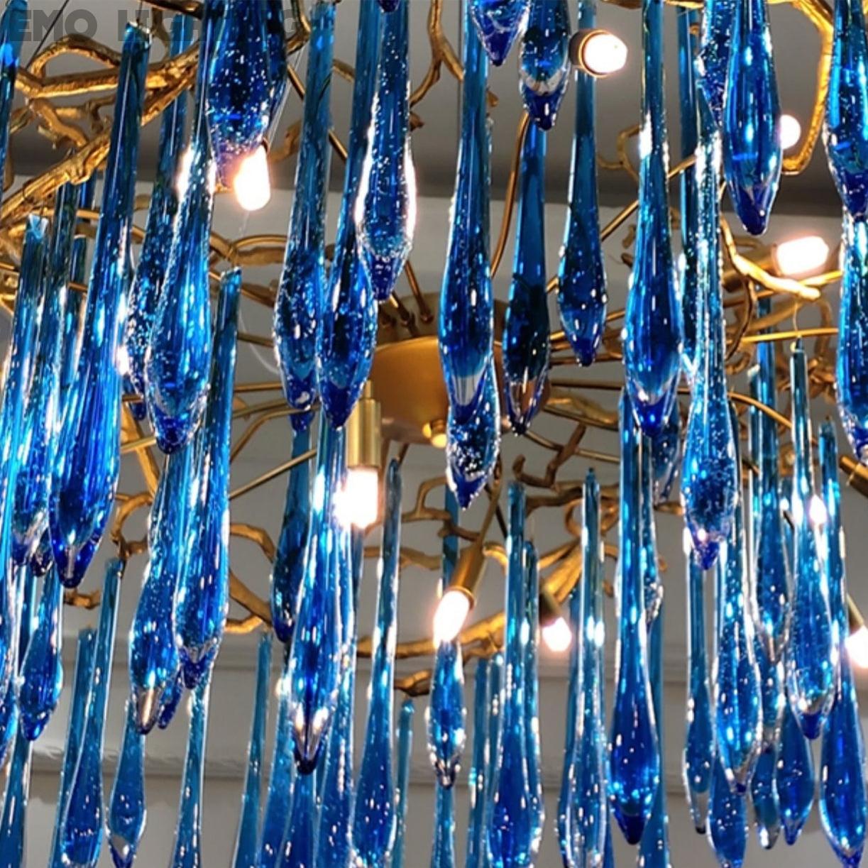 Elegant Blue Crystal Drops Chandelier Brass Branch Style Pendant Light For Living/ Dining Room