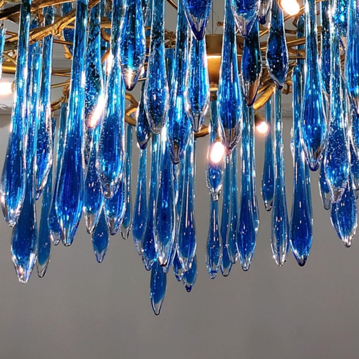 Elegant Blue Crystal Drops Chandelier Brass Branch Style Pendant Light For Living/ Dining Room