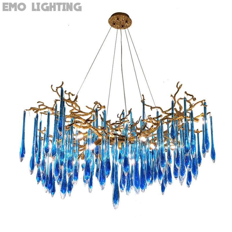 Elegant Blue Crystal Drops Chandelier Brass Branch Style Pendant Light For Living/ Dining Room