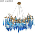 Elegant Blue Crystal Drops Chandelier Brass Branch Style Pendant Light For Living/ Dining Room