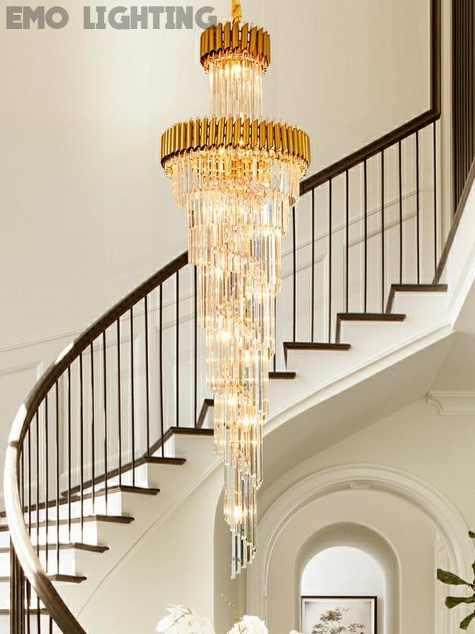 Oversized Customization D39.4"*H157.5" Vertical Long Crystal Shiny Bright Fabulous 2 Story Foyer Hallway Chandelier Spiral Staircase High Ceiling Lighting Fixture In Black/ Gold Finish