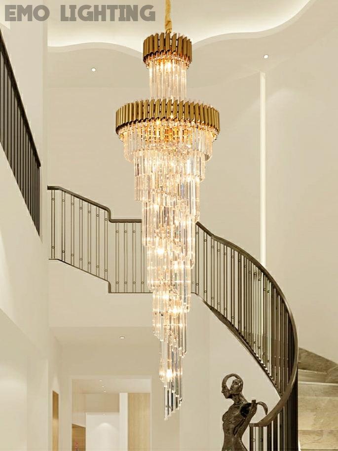 Oversized Customization D39.4"*H157.5" Vertical Long Crystal Shiny Bright Fabulous 2 Story Foyer Hallway Chandelier Spiral Staircase High Ceiling Lighting Fixture In Black/ Gold Finish