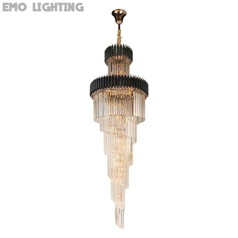 Oversized Customization D39.4"*H157.5" Vertical Long Crystal Shiny Bright Fabulous 2 Story Foyer Hallway Chandelier Spiral Staircase High Ceiling Lighting Fixture In Black/ Gold Finish