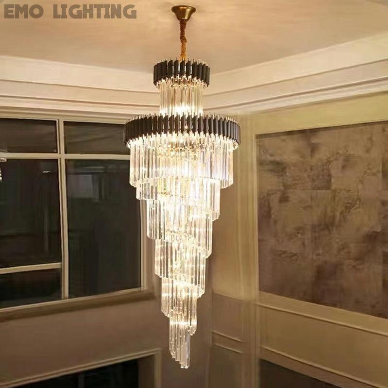 Oversized Customization Vertical Long Crystal 2 Story Foyer Hallway Chandelier Spiral Staircase High Ceiling Lighting Fixture In Black/ Gold Finish