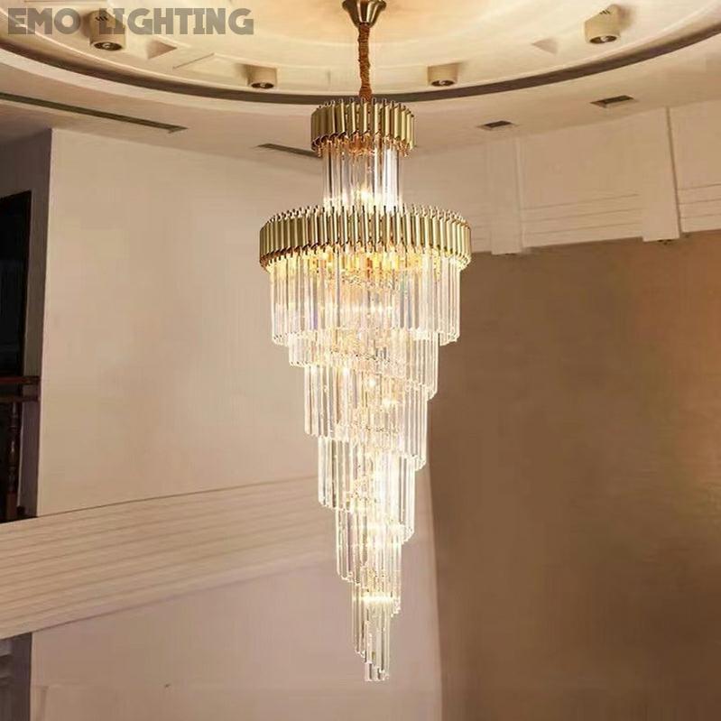 D47.2" * H196" Oversized Customization Vertical Long Crystal 2 Story Foyer Hallway Chandelier Spiral Staircase High Ceiling Lighting Fixture In Black/ Gold Finish