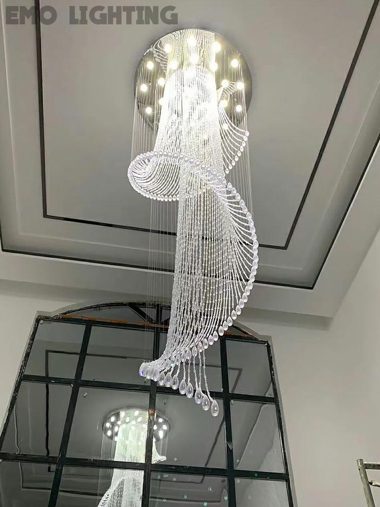 Flush Mounted Spiral Crystal Drops Chandelier Round LED Ceiling Lighting Fixture For Foyer Staircase/ Hotel Entrance