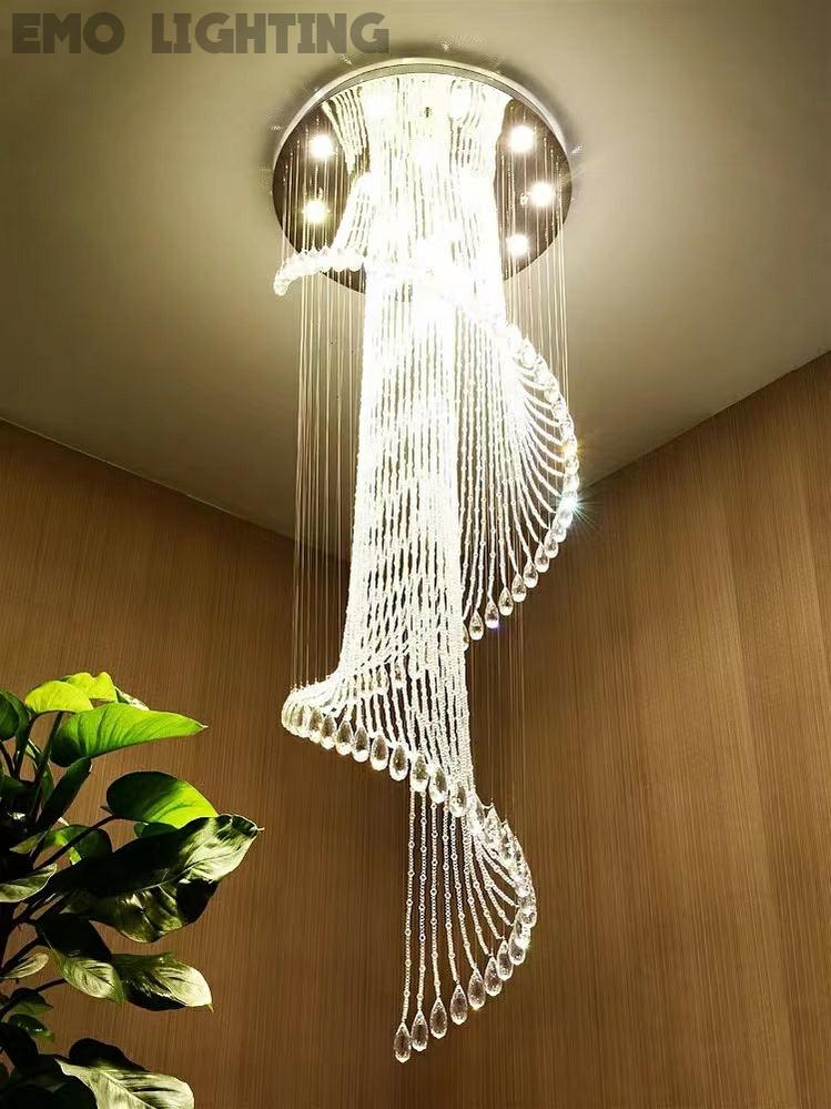 Flush Mounted Spiral Crystal Drops Chandelier Round LED Ceiling Lighting Fixture For Foyer Staircase/ Hotel Entrance