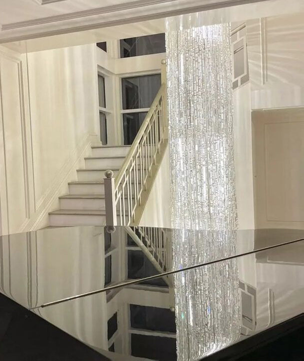 Oversized Silver Crystal Long Ceiling Chandelier Art Designer Column Waterfall Decorative Staircase Light Fixture  fringe chrome finish crystal light 