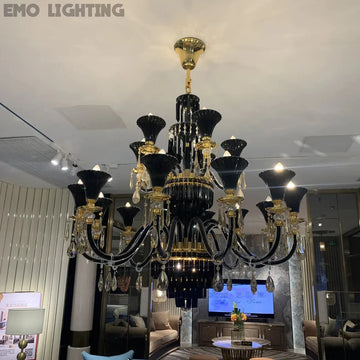 American Traditional Candle Branch Crystal Chandelier Black And Gold Luxury Living Room/Dining Room Light Fixture