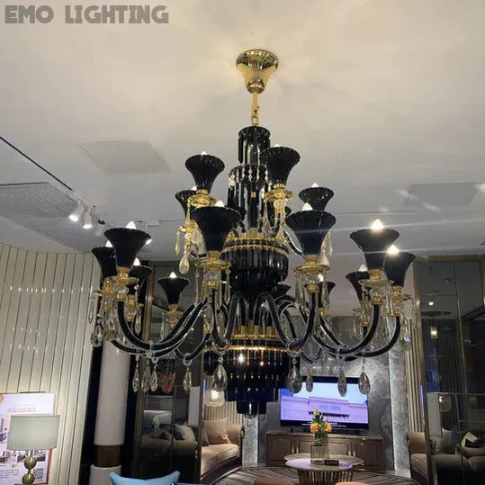 American Traditional Candle Branch Crystal Chandelier Black And Gold Luxury Living Room/Dining Room Light Fixture
